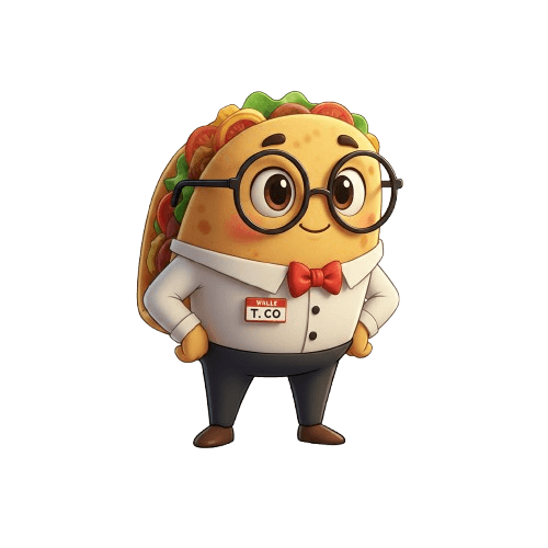 A whimsical cartoon taco character used as the site's mascot.